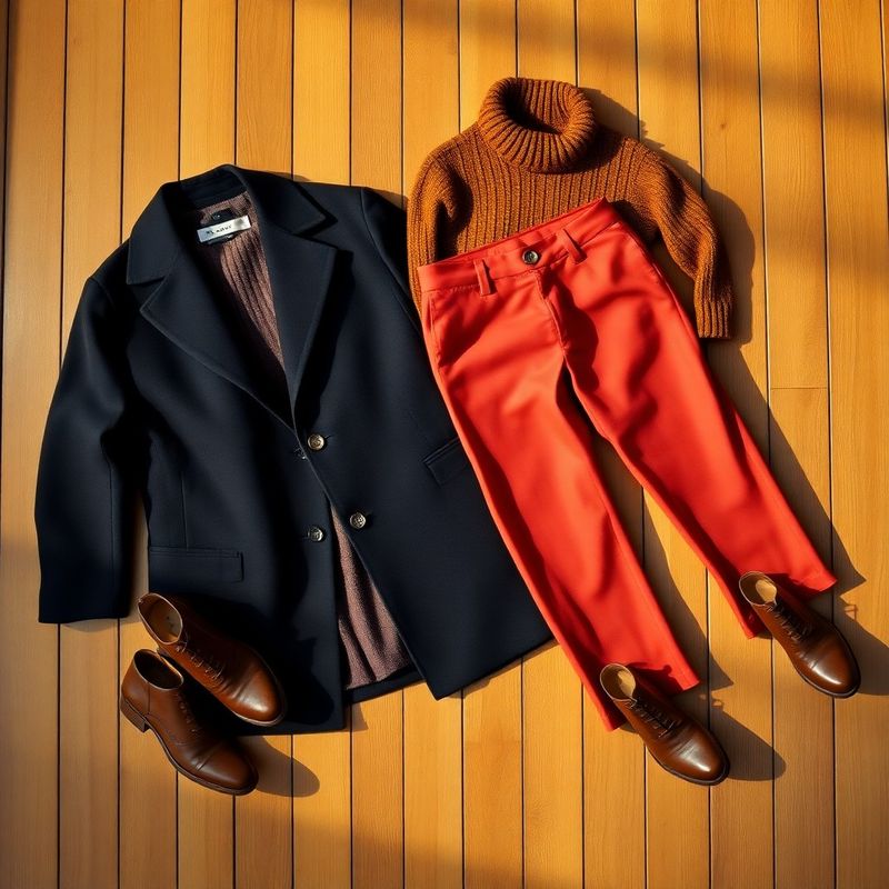 Flat-lay editorial cu palton midnight navy, pantaloni coral-burnt și pulover ocru pe suprafață din lemn cald