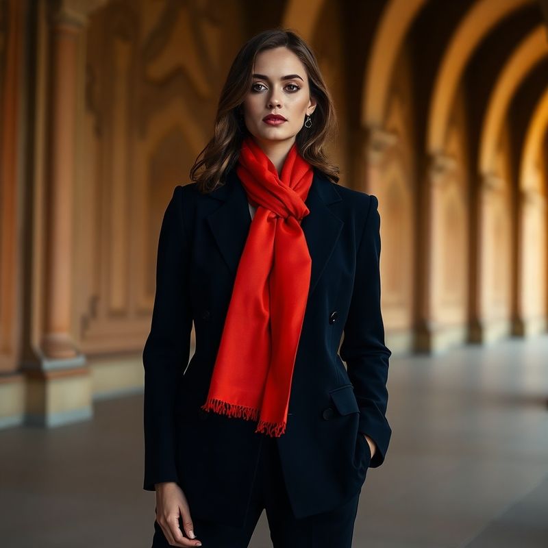 Femeie în sacou structurat midnight navy cu eșarfă coral, lumină aurie pe fundal de arhitectură barocă timișoreană