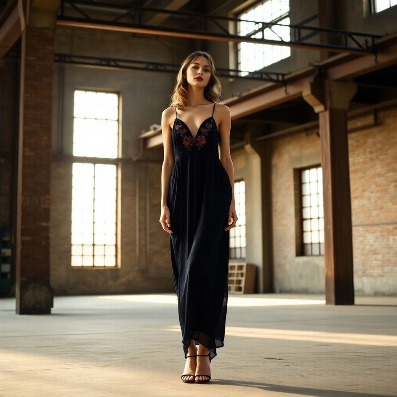 Femeie în rochie slip midnight cu broderie coral, fotografiată într-un spațiu industrial reconvertit din Timișoara