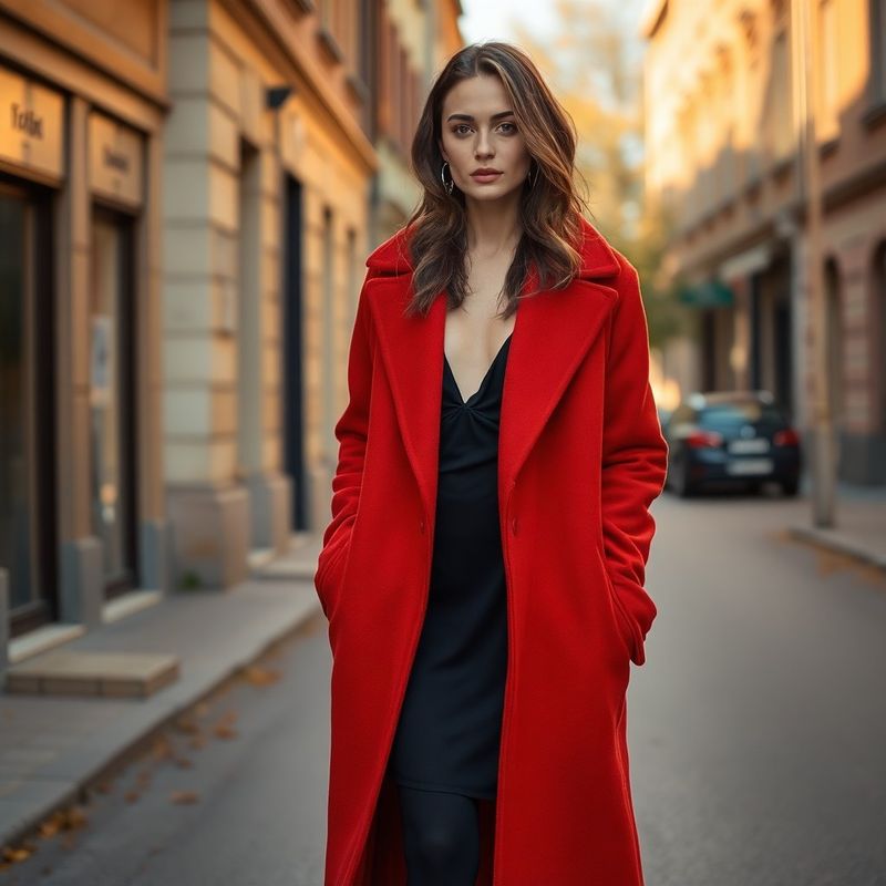 Femeie în palton coral-burnt oversize peste rochie slip midnight, stradă timișoreană cu lumină aurie de toamnă