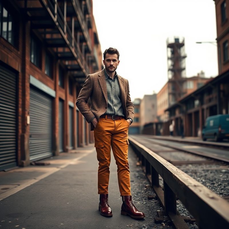Bărbat în blazer tweed cald și pantalon cargo ocru, ghete chelsea, cartier industrial Timișoara