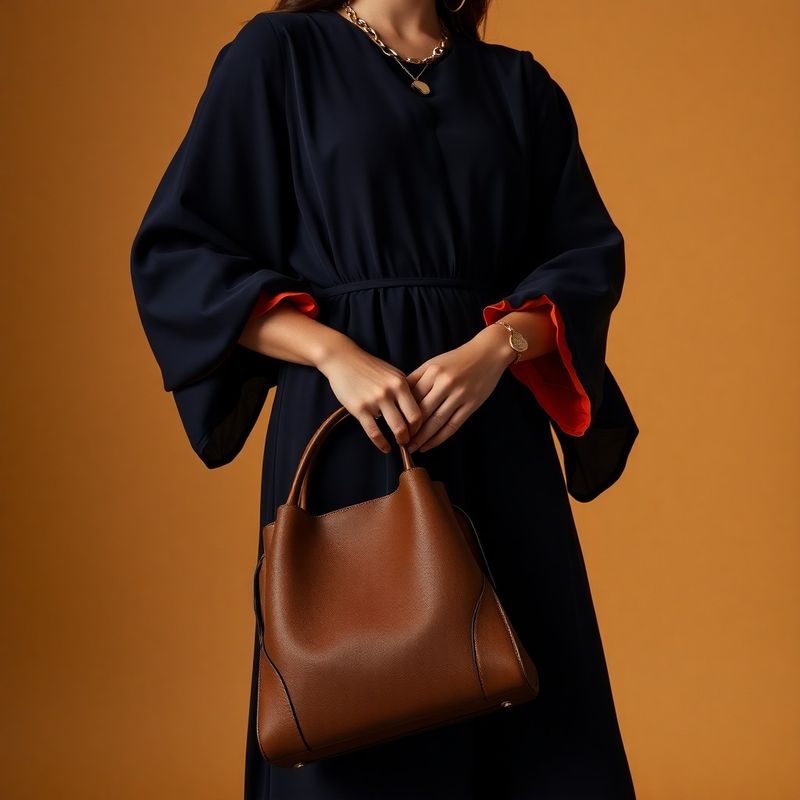 Femeie în rochie midi midnight cu accente coral la mâneci, geantă structurată din piele și bijuterii statement aurii