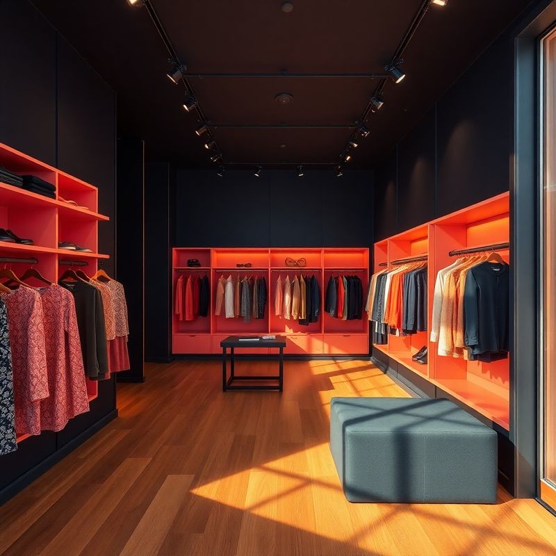 Interior boutique cu pereți midnight navy, rafturi coral și pardoseală din lemn cald, lumini direcționale pe ținute
